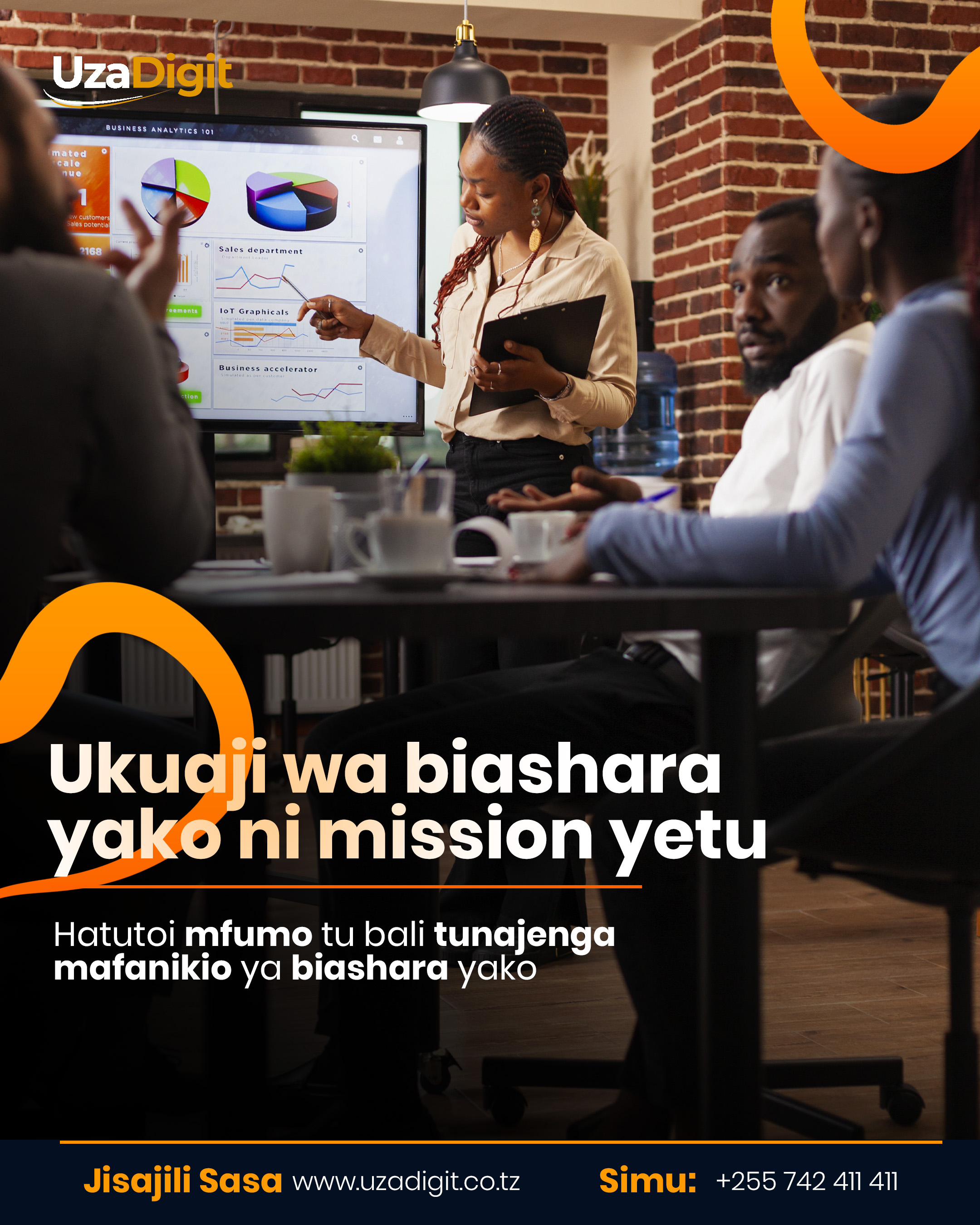 UzaDigit social media poster showing a woman presenting business analytics on a large screen during a team meeting.