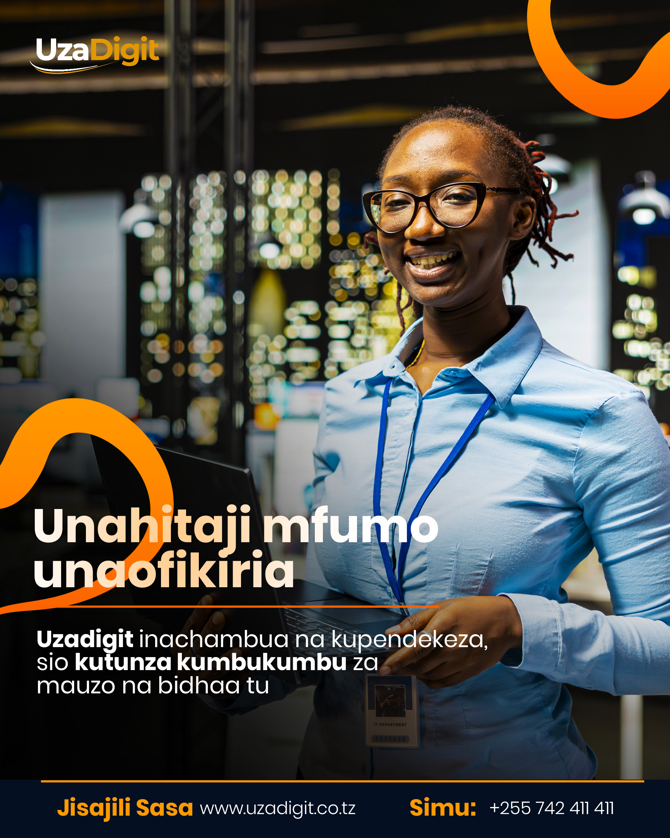 UzaDigit social media poster featuring a smiling business professional holding a tablet in a modern office environment.