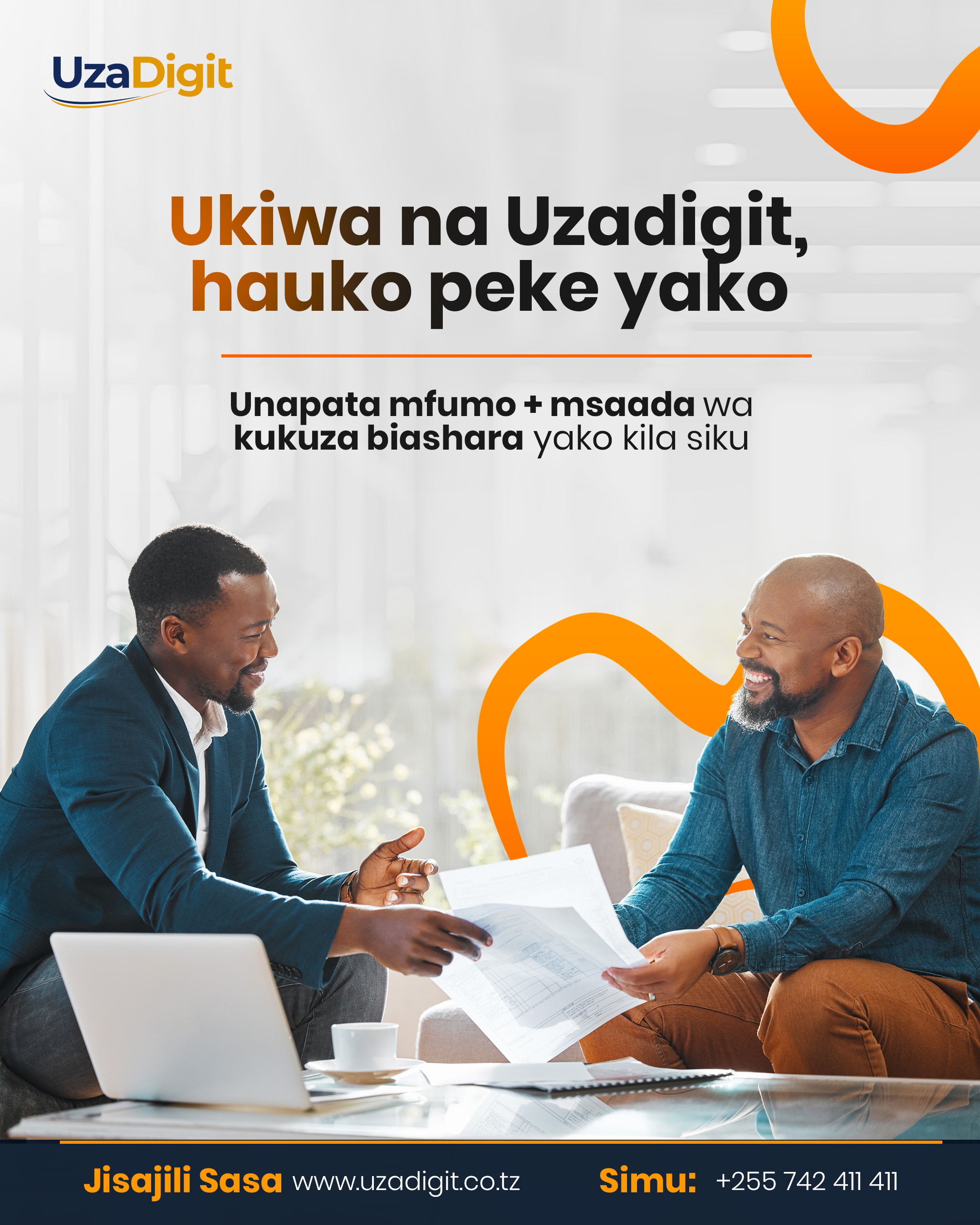 UzaDigit social media poster showing two business professionals discussing documents beside a laptop in a bright office.